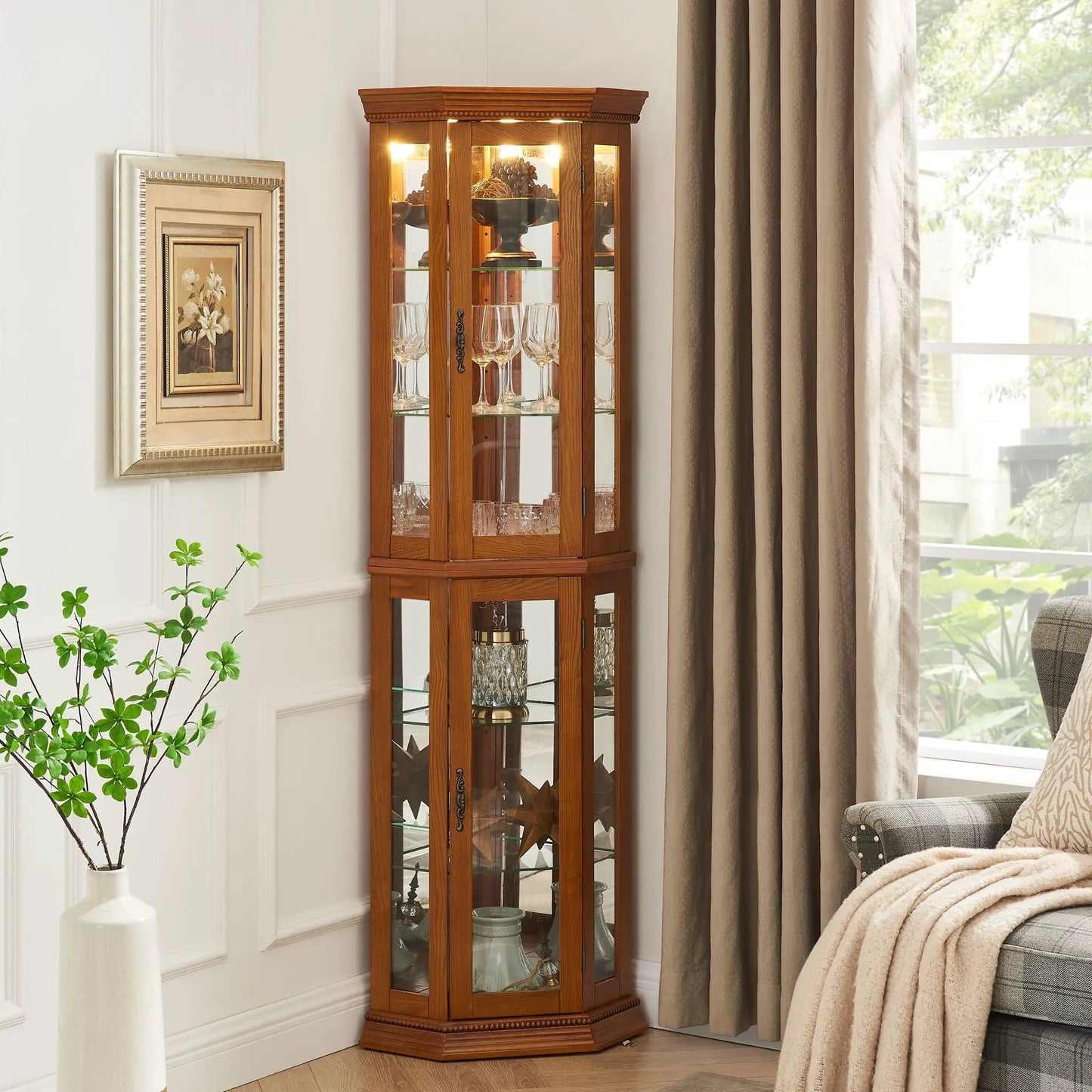 Corner curio cabinet with lights, oak finish, glass shelves, mirrored back on Tampa Home & Garden Store