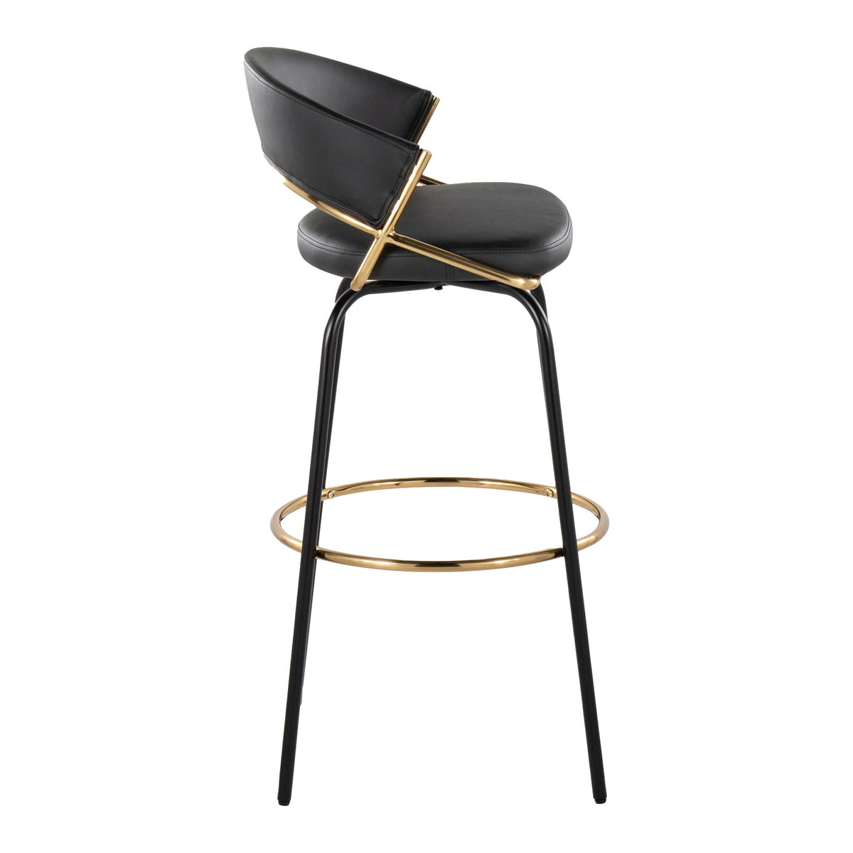 Fixed-height contemporary black leather barstool with gold frame and circular footrest on Tampa Home & Garden Store