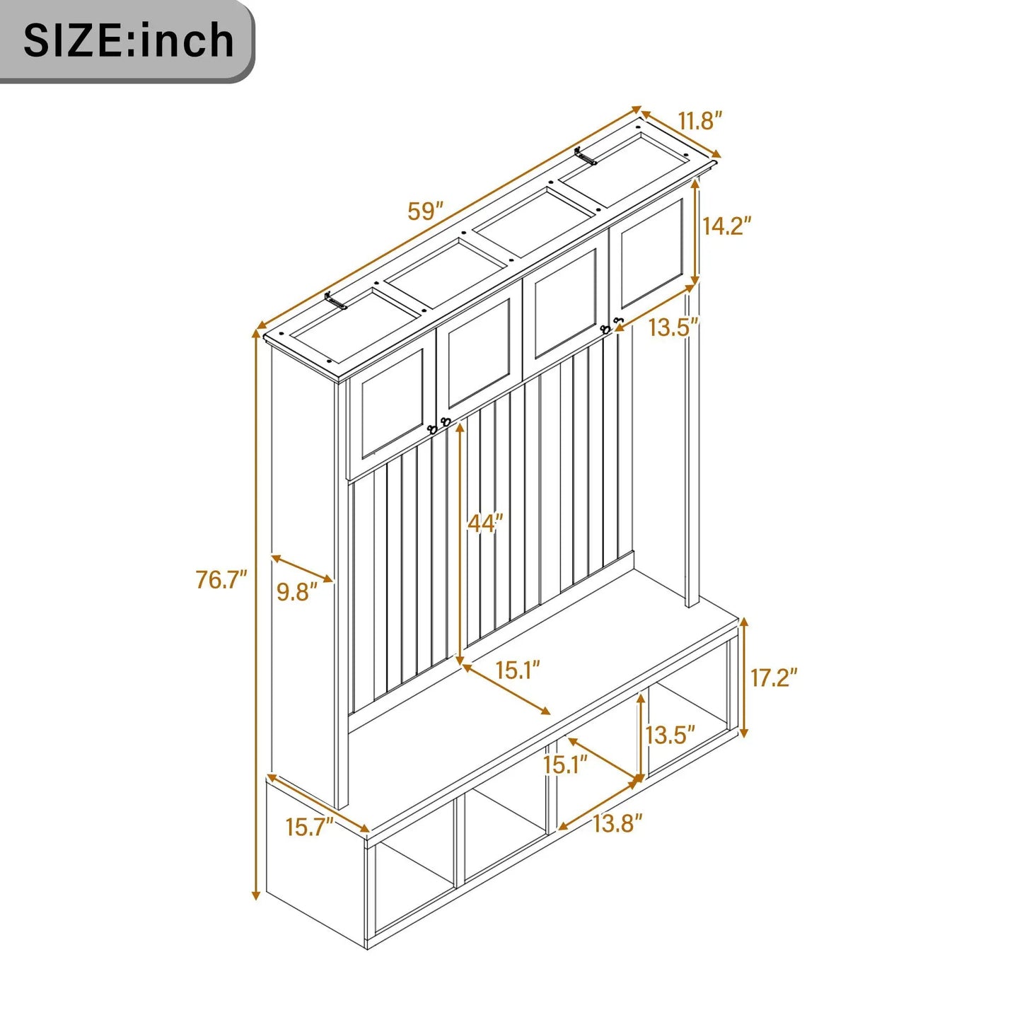 Entryway hall tree with bench and storage, line drawing with dimensions Unique Piece Furniture on Tampa Home & Garden Store