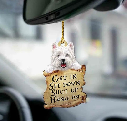 Car pendant ornament with white sleeping dog over parchment, acrylic decor FLIPSTYLEZLLC on Tampa Home & Garden Store