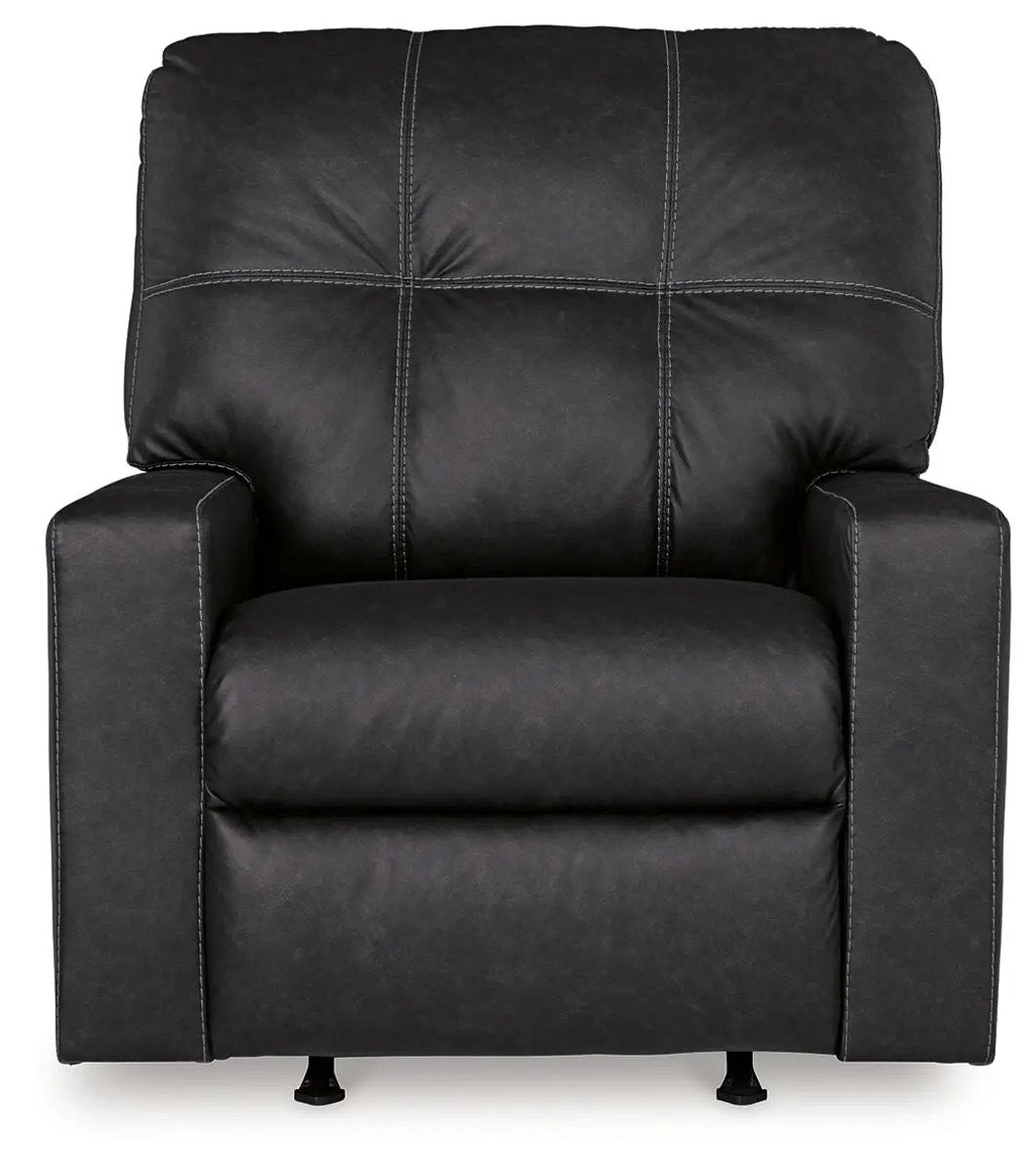 Barlin Mills Rocker Recliner, black faux leather upholstery, padded back and arms on Tampa Home & Garden Store