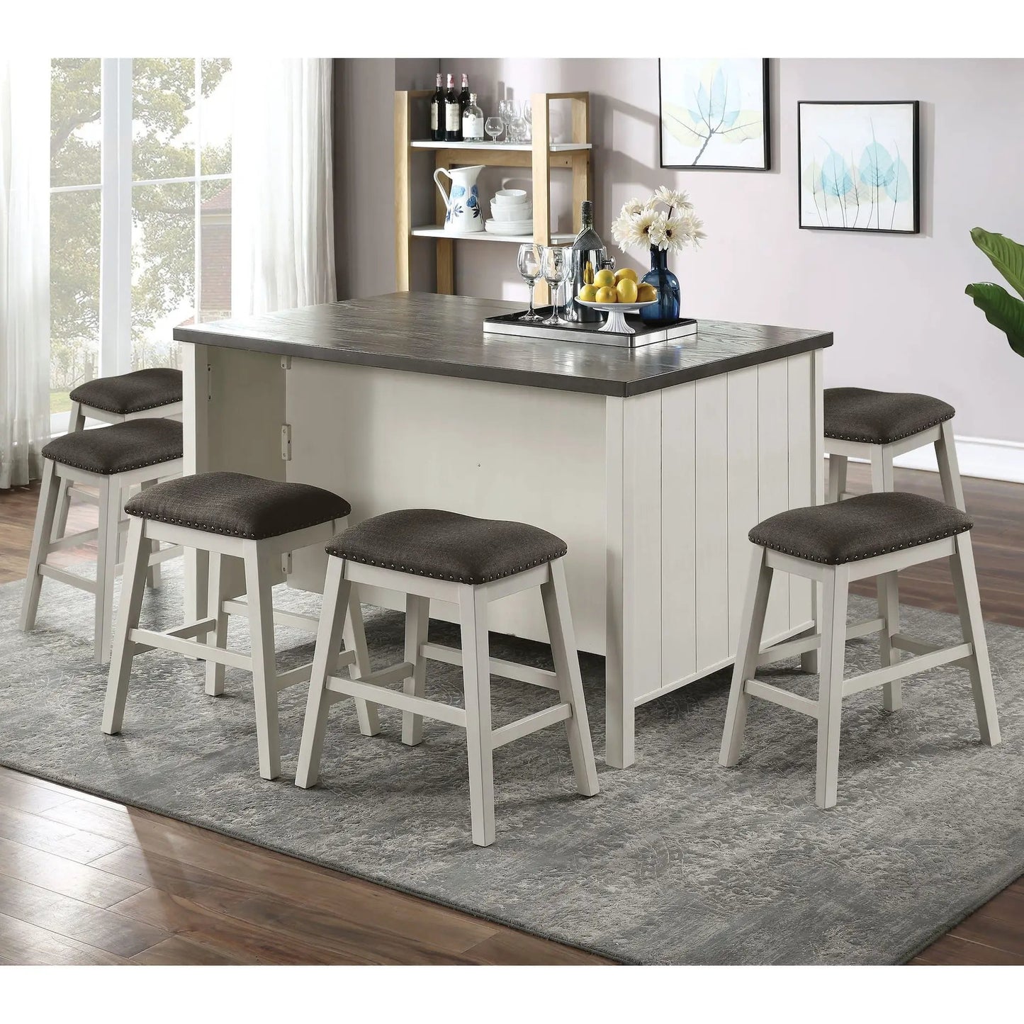 Counter Height Dining Table With Storage Cabinet Base, dark gray top, off-white body with paneled sides, gray stools on Tampa Home & Garden Store
