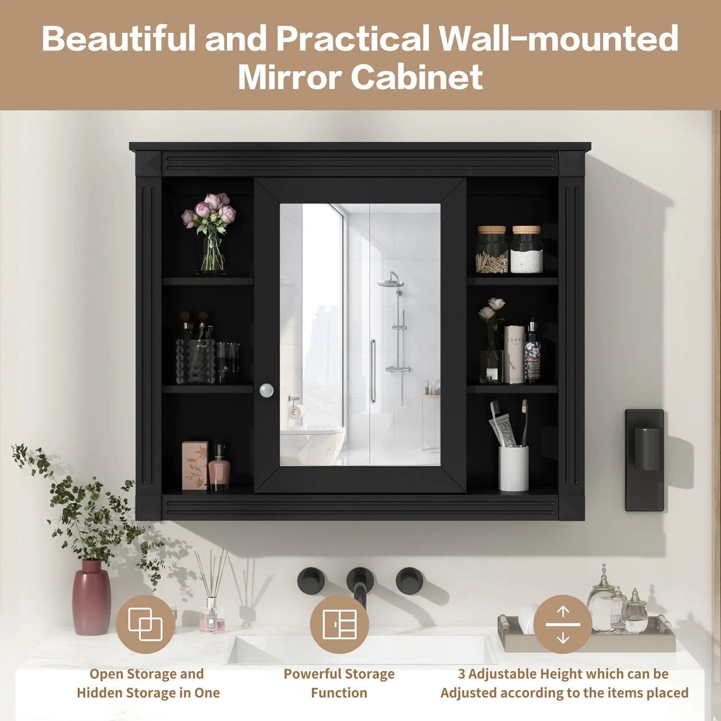 Wall Mount Bathroom Mirror Cabinet Shelves Black