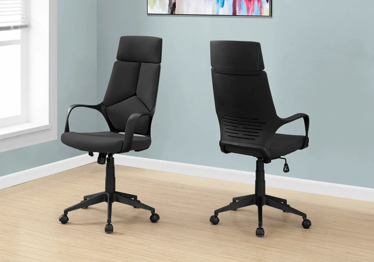 Two black office swivel chairs with adjustable height, ergonomic headrests and armrests on Tampa Home & Garden Store