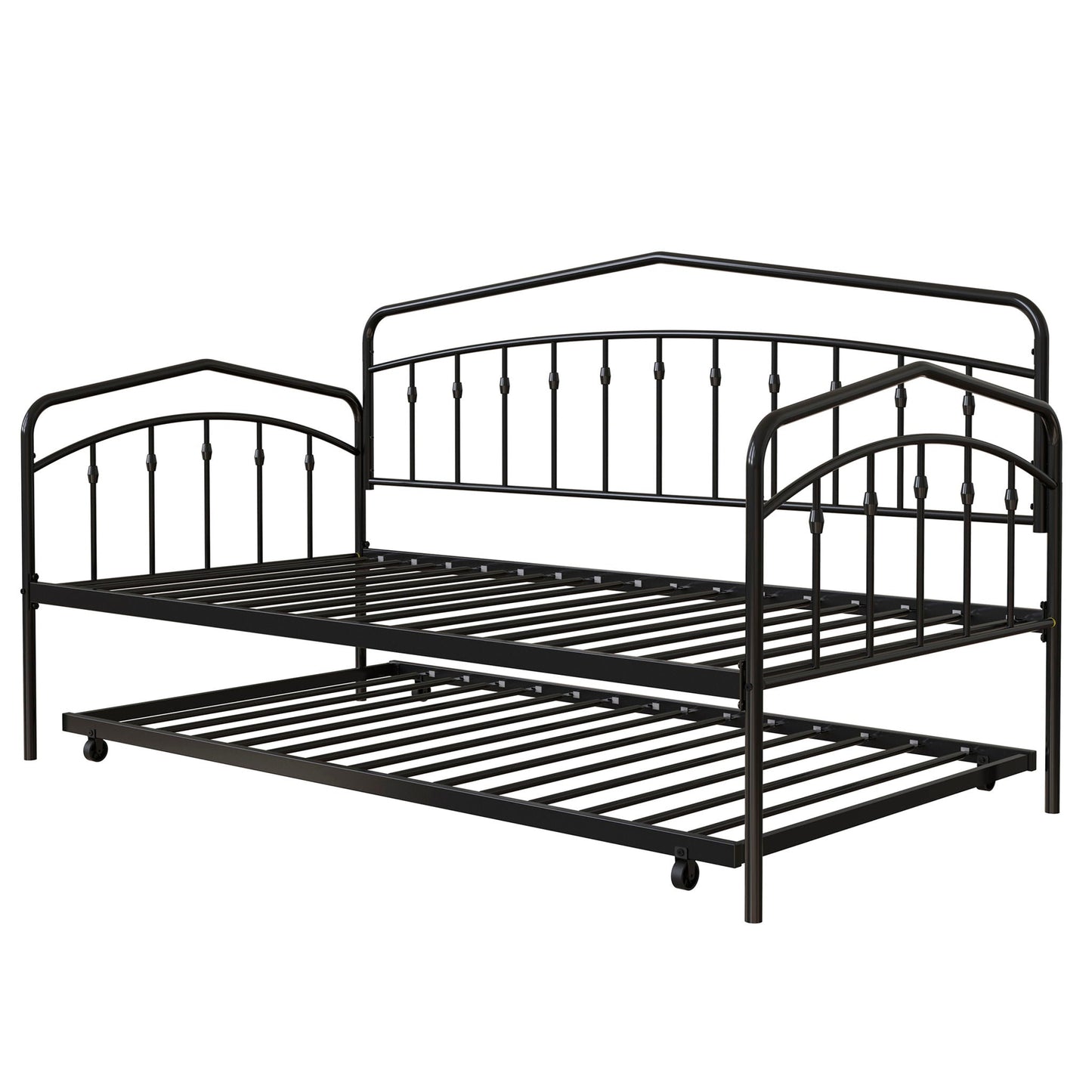 Fox daybed with twin trundle, black metal frame, curved rails and slatted base on Tampa Home & Garden Store