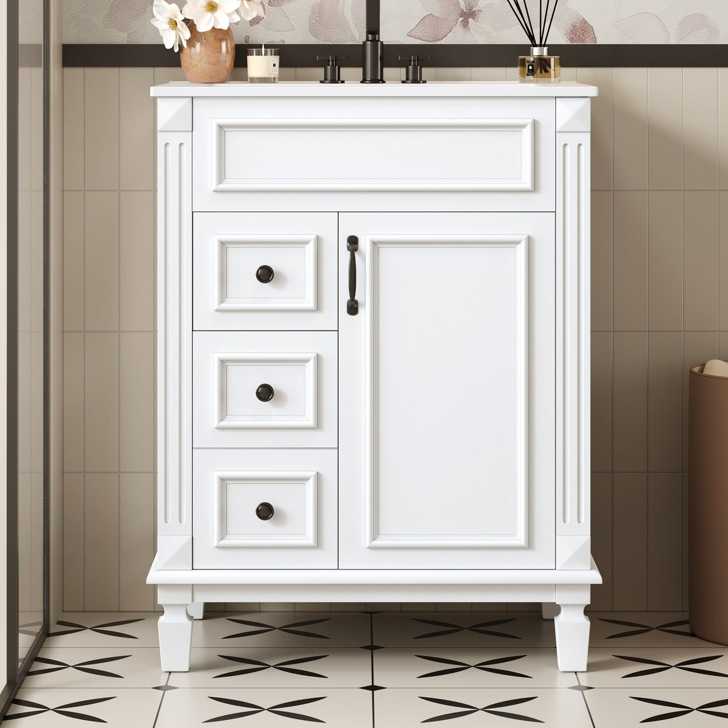 White bathroom vanity with sink, compact cabinet, 2 drawers and adjustable shelf, black hardware on Tampa Home & Garden Store