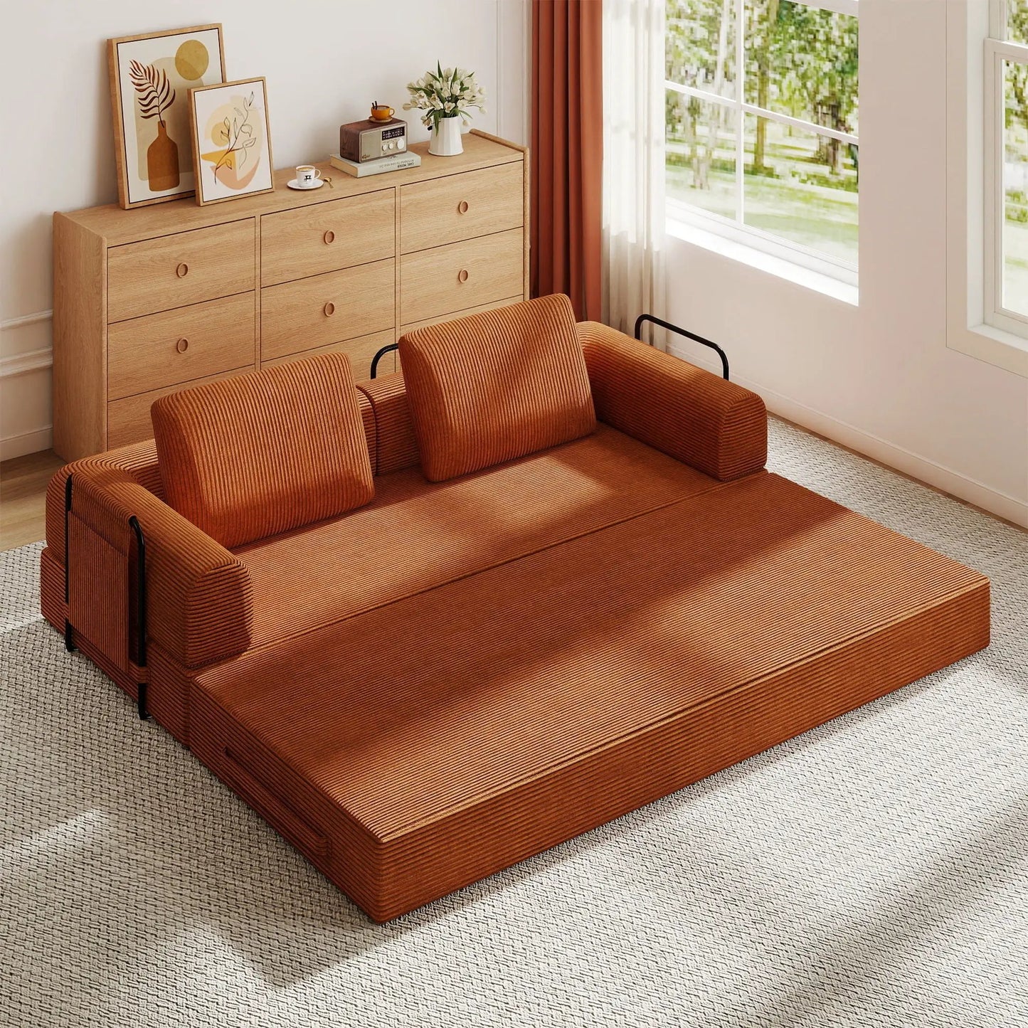Convertible sleeper sofa with cylindrical pillow in burnt orange fabric, fixed frame futon on Tampa Home & Garden Store