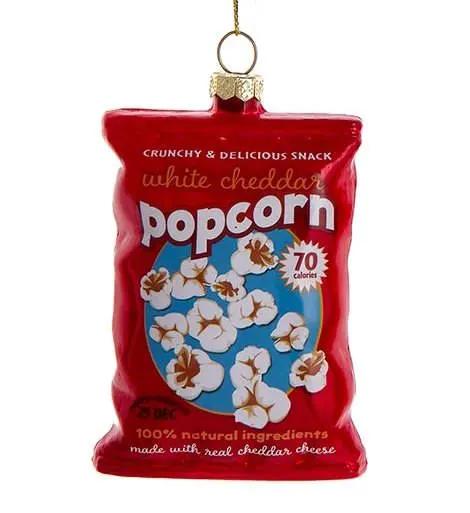 Snack bag glass ornament red with white cheddar popcorn graphic on Tampa Home & Garden Store