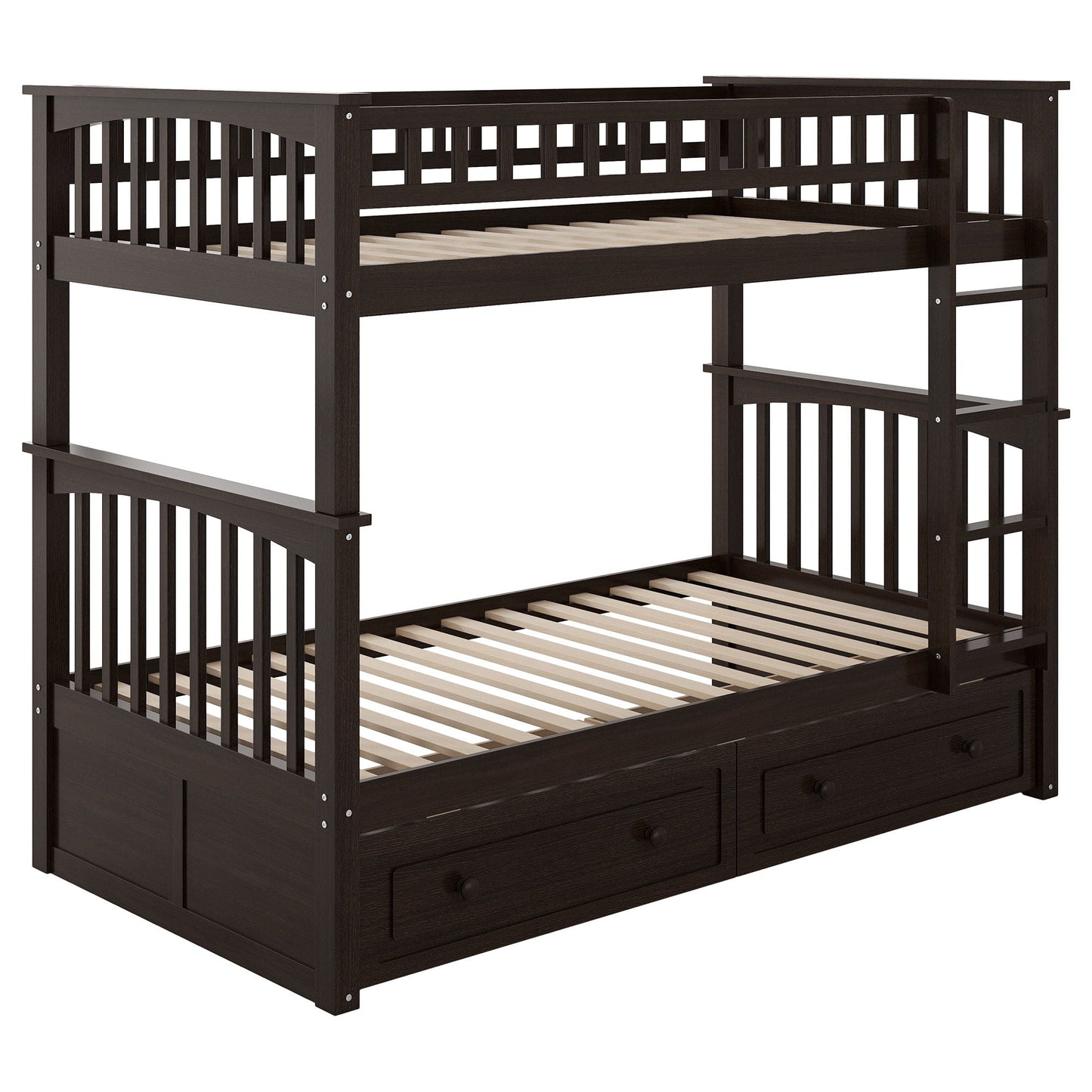 Bunk Bed With Drawers in dark espresso, convertible design with bottom storage drawers on Tampa Home & Garden Store