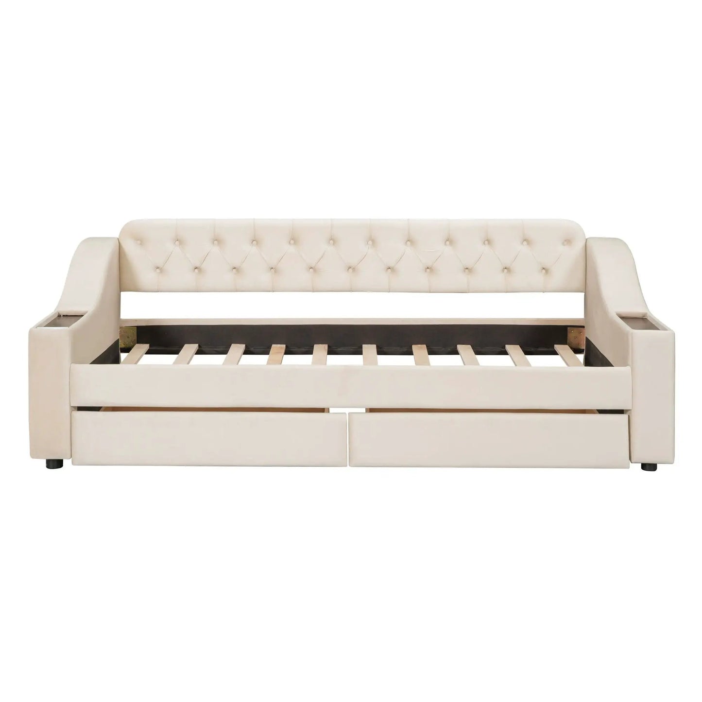 Upholstered cream daybed with tufted backrest, storage armrests and under-bed drawers on Tampa Home & Garden Store