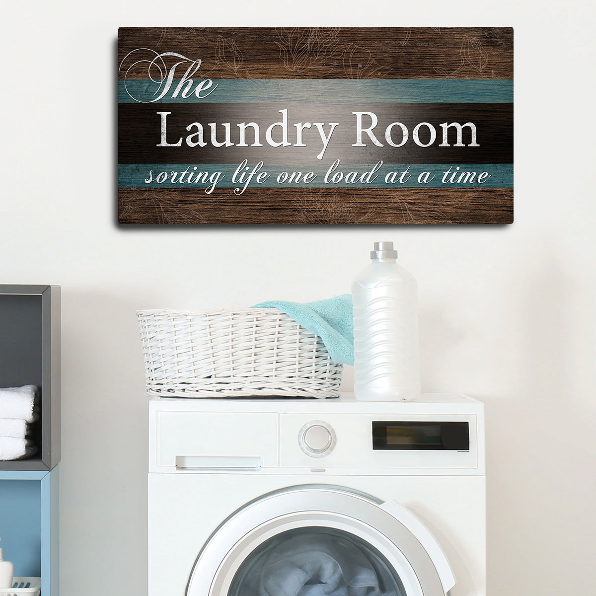 The Laundry Room sign canvas by Tailored Canvases, wood backdrop with teal stripes on Tampa Home & Garden Store