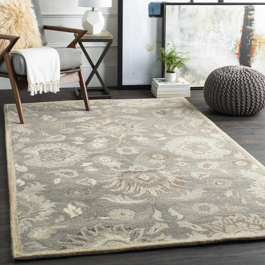 Conesus 1195 Hand Tufted Ivory and Taupe Wool Rug with damask pattern in a neutral living room on Tampa Home & Garden Store