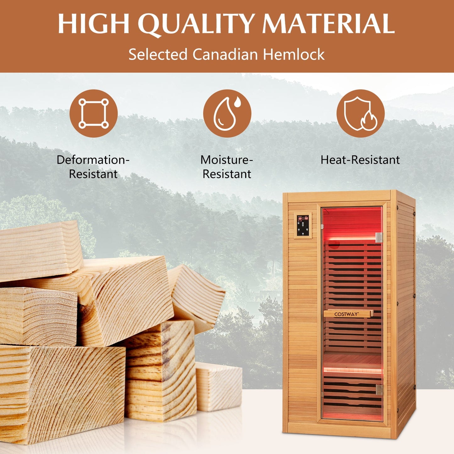 Costway far infrared wooden sauna with digital control panel and red interior beside lumber on Tampa Home & Garden Store