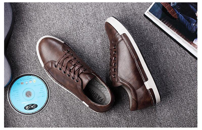 Stevvex men's brown leather sneakers pair, casual walking shoes with white sole on Tampa Home & Garden Store