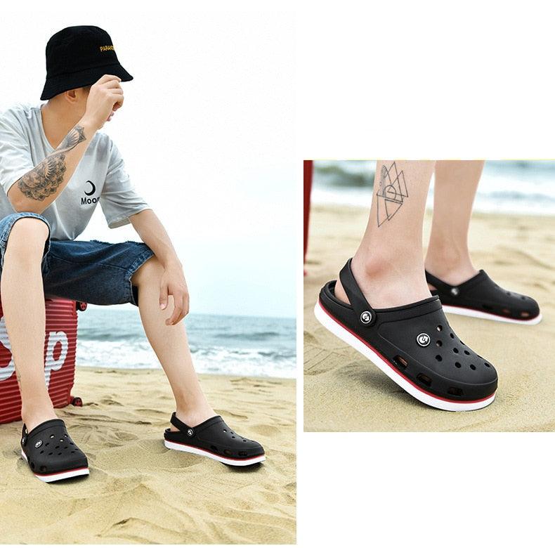 Stevvex black men's beach clogs with back strap, breathable perforated upper, on Tampa Home & Garden Store