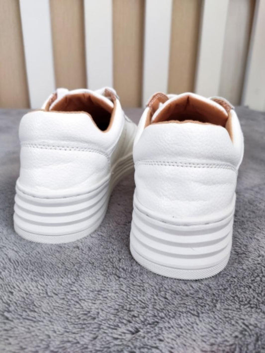 White leather women's Stevvex sneakers with a thick striped heel, back view on Tampa Home & Garden Store
