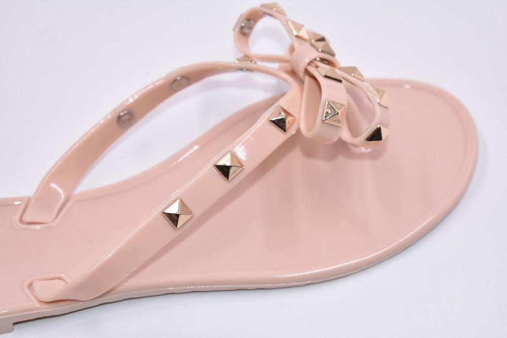 Sandals Stevvex pink bowknot flat sandal with gold studs, jelly thong sandals on Tampa Home & Garden Store