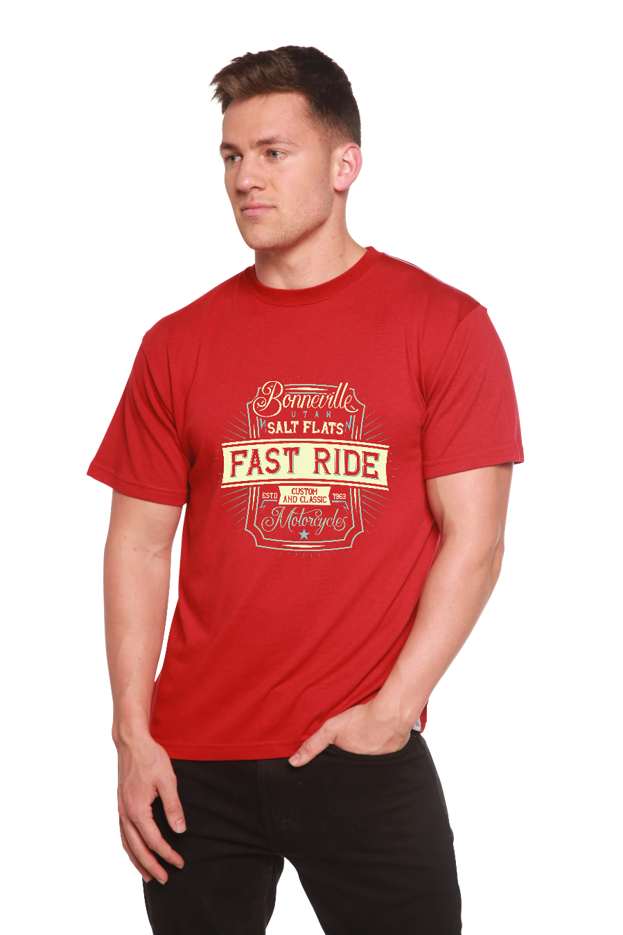 Fast Ride men's red graphic T-shirt by Spun Bamboo, bamboo viscose/organic cotton blend, short sleeve on Tampa Home & Garden Store