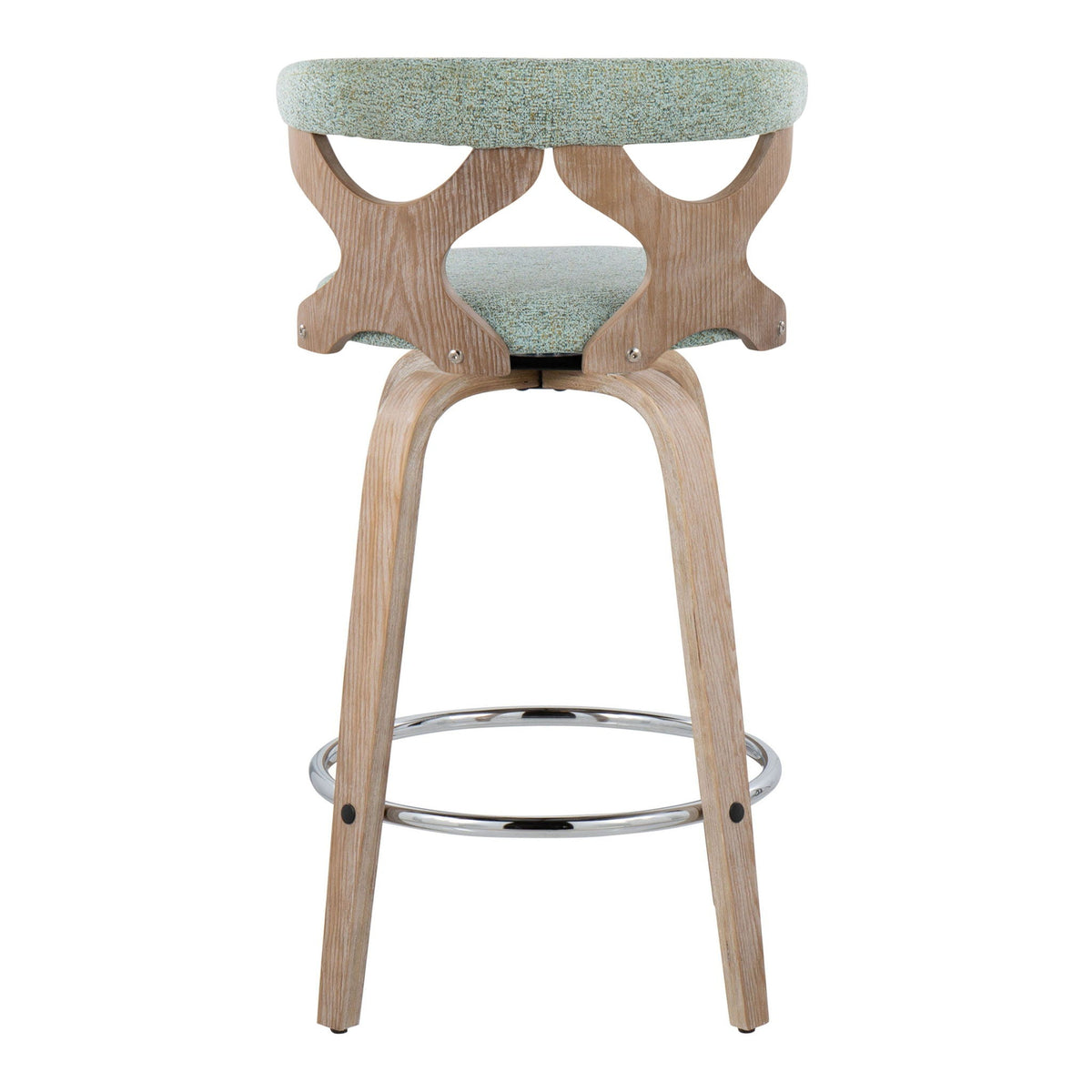 Mid Century Modern counter stool with blue upholstery and wooden curved legs chrome footring on Tampa Home & Garden Store