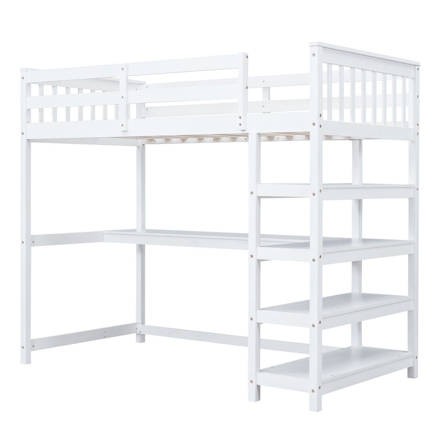 White loft bed with built-in storage shelves and under-bed desk, HouseOfZazla loft beds on Tampa Home & Garden Store