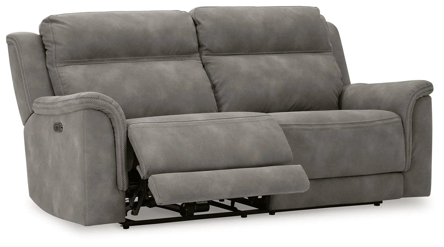 Next-Gen Durapella reclining power sofa in gray with plush cushions and extended footrest on Tampa Home & Garden Store