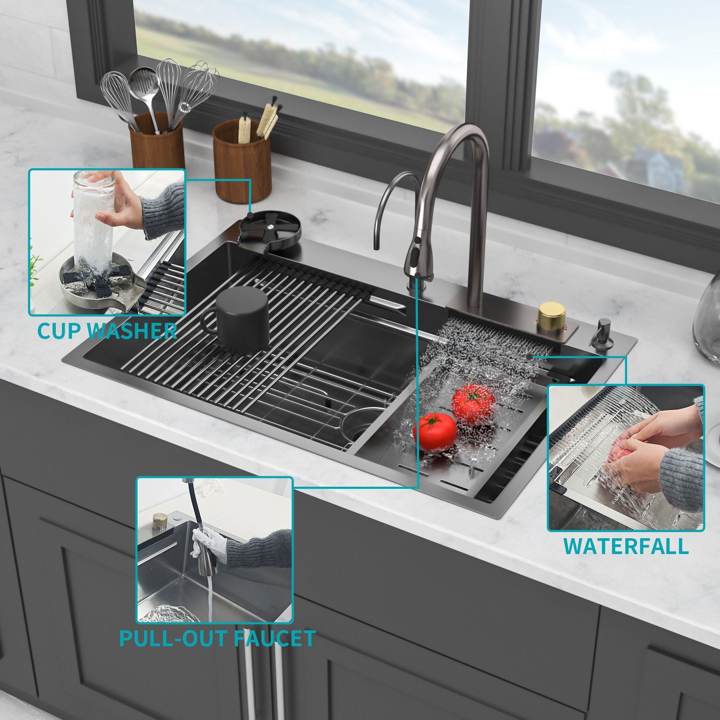 Brushed Waterfall Sink with Faucet and Cup Washer