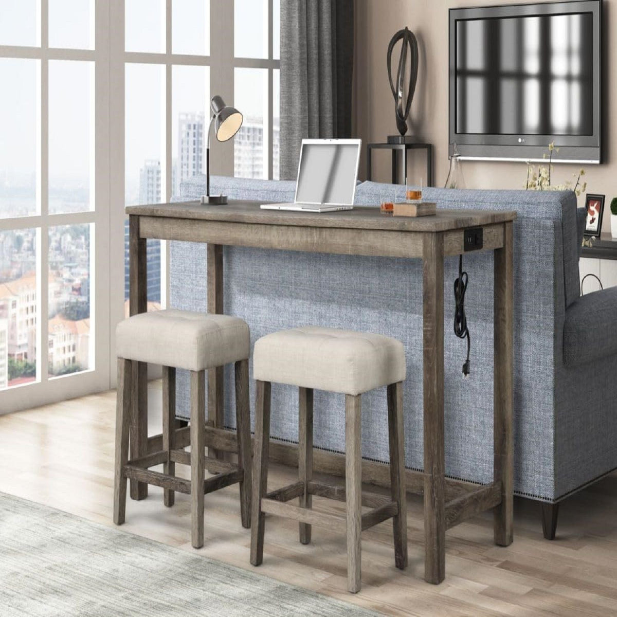 Transitional backless counter stools with beige cushions, two wood stools for a living space on Tampa Home & Garden Store