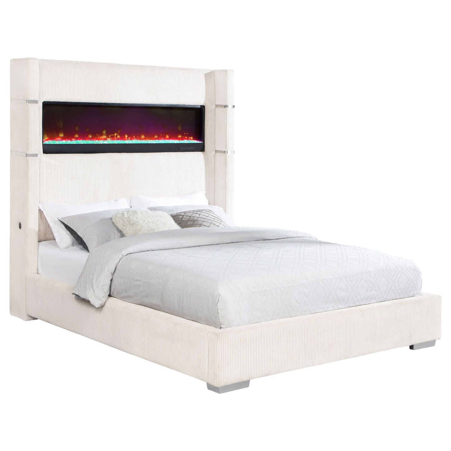 Judah Flame Visualizer Bed by HouseOfZazla, ivory upholstered bed with fireplace in headboard on Tampa Home & Garden Store