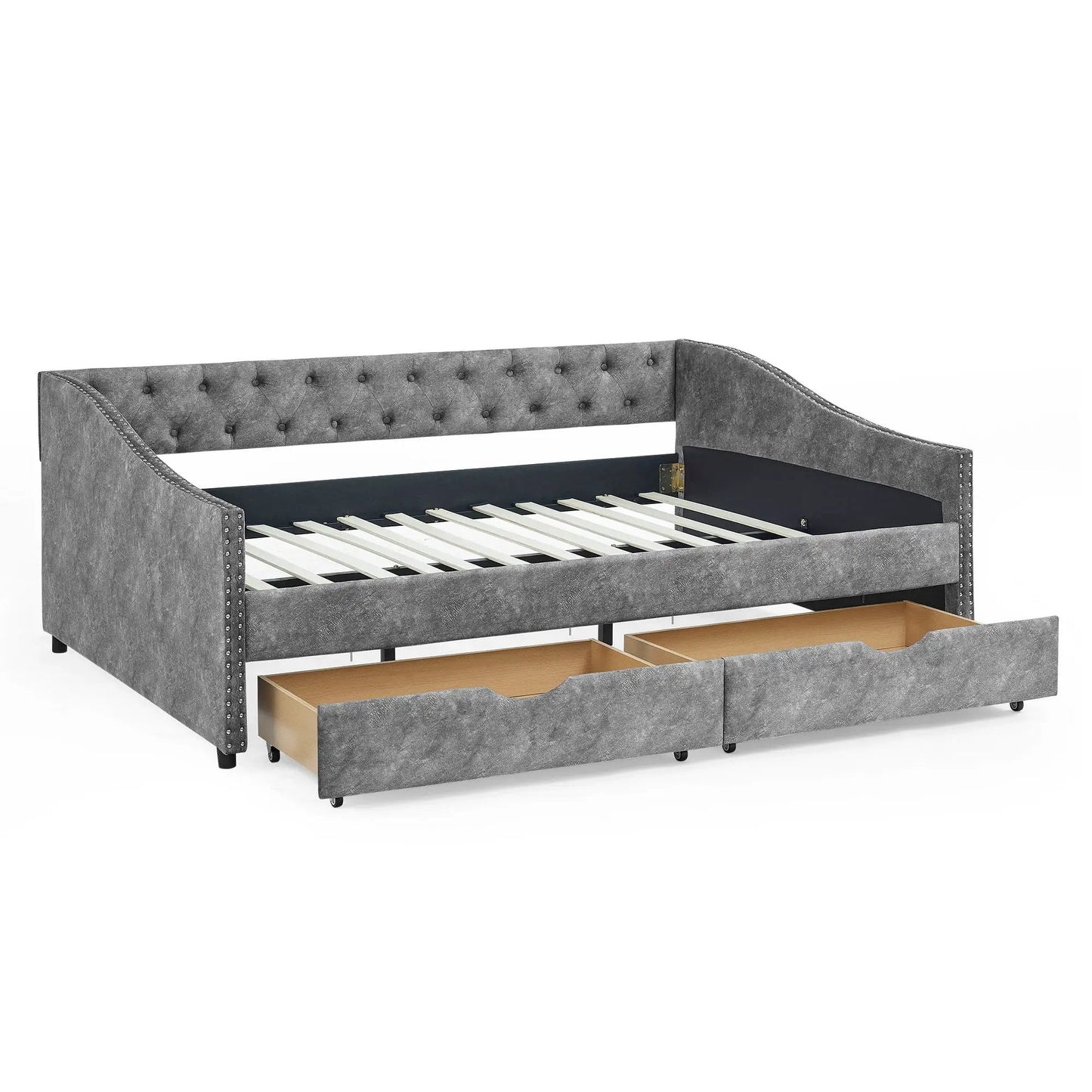 Upholstered Tufted Daybed With Drawers Waved Arms