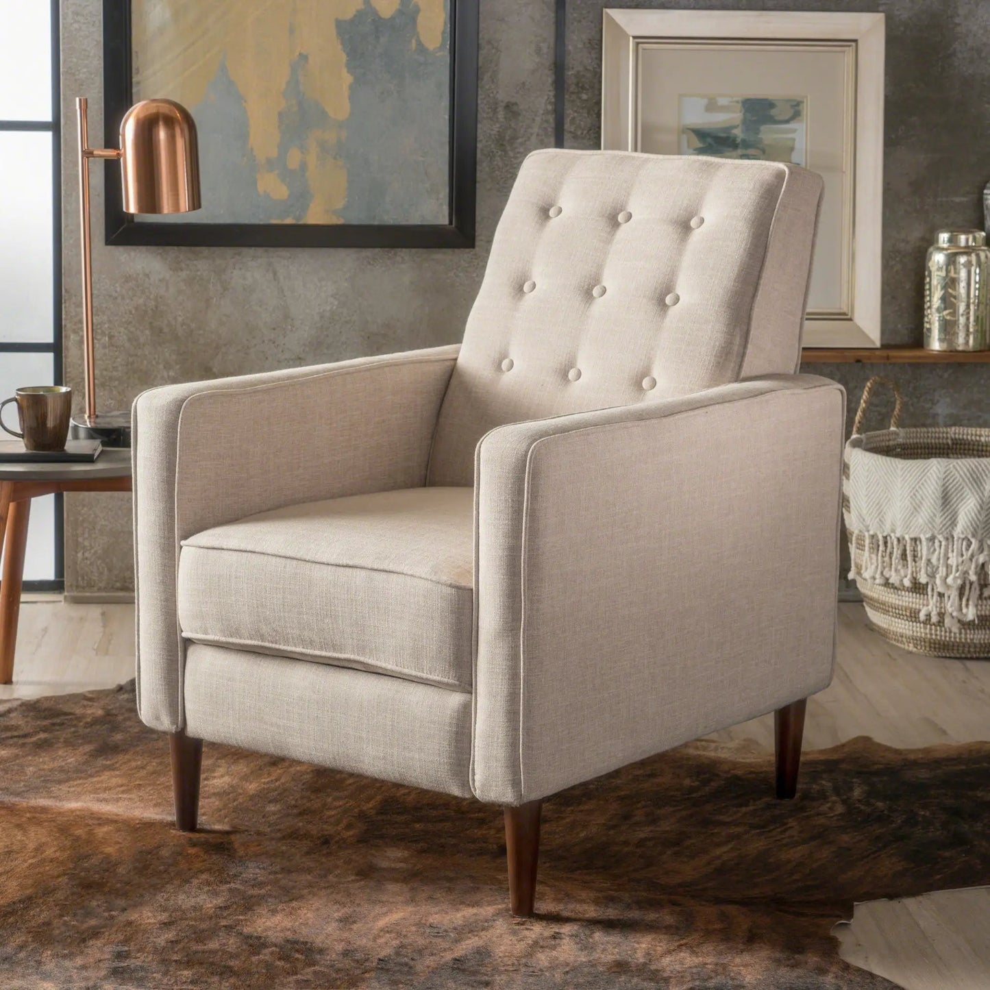 Mid-Century Modern Recliner beige fabric with button tufting and tapered wood legs on Tampa Home & Garden Store