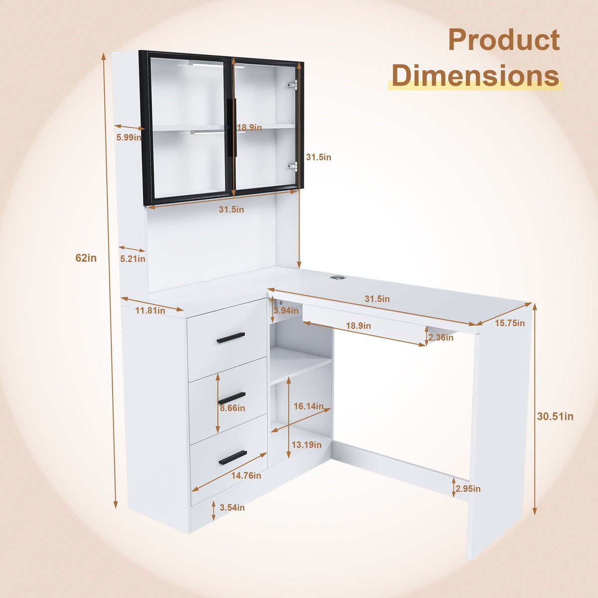 L-shaped corner desk by HouseOfZazla with glass cabinet doors and USB ports, white finish on Tampa Home & Garden Store