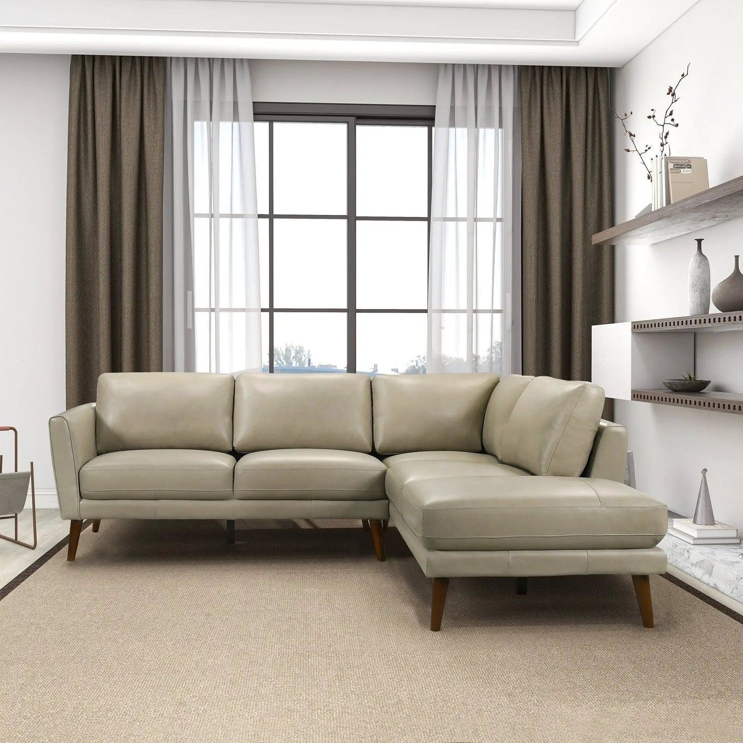 Benson sectional sofa with chaise in light tan leather, stationary, wood legs in living room on Tampa Home & Garden Store