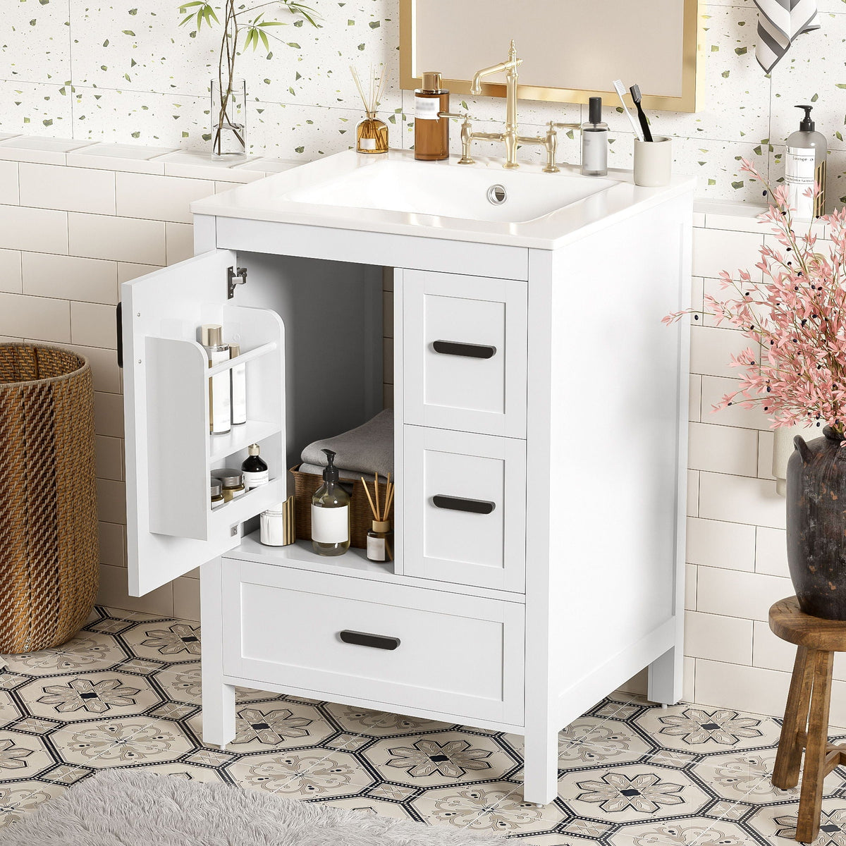 Bathroom vanity with sink in white finish, brass faucet, soft-close doors and 3 drawers on Tampa Home & Garden Store