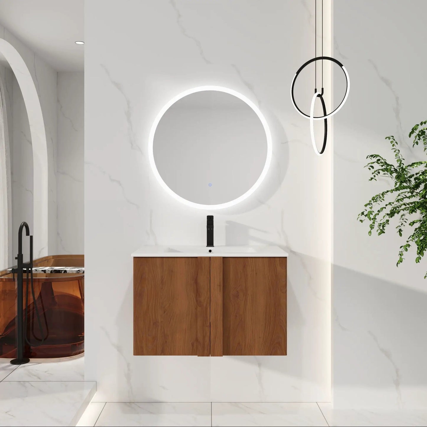 Floating bathroom vanity with sink, wood veneer cabinet, white countertop, backlit round mirror on Tampa Home & Garden Store