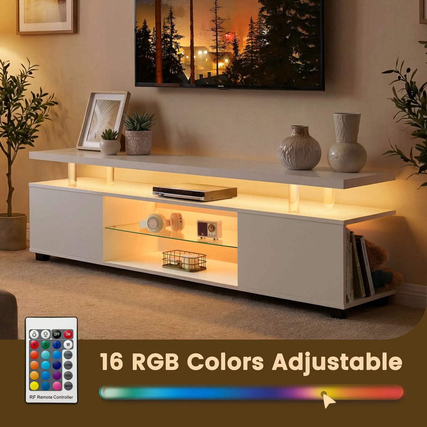 TV stand with LED lighting and large side cabinet in white finish by Unique Piece Furniture on Tampa Home & Garden Store
