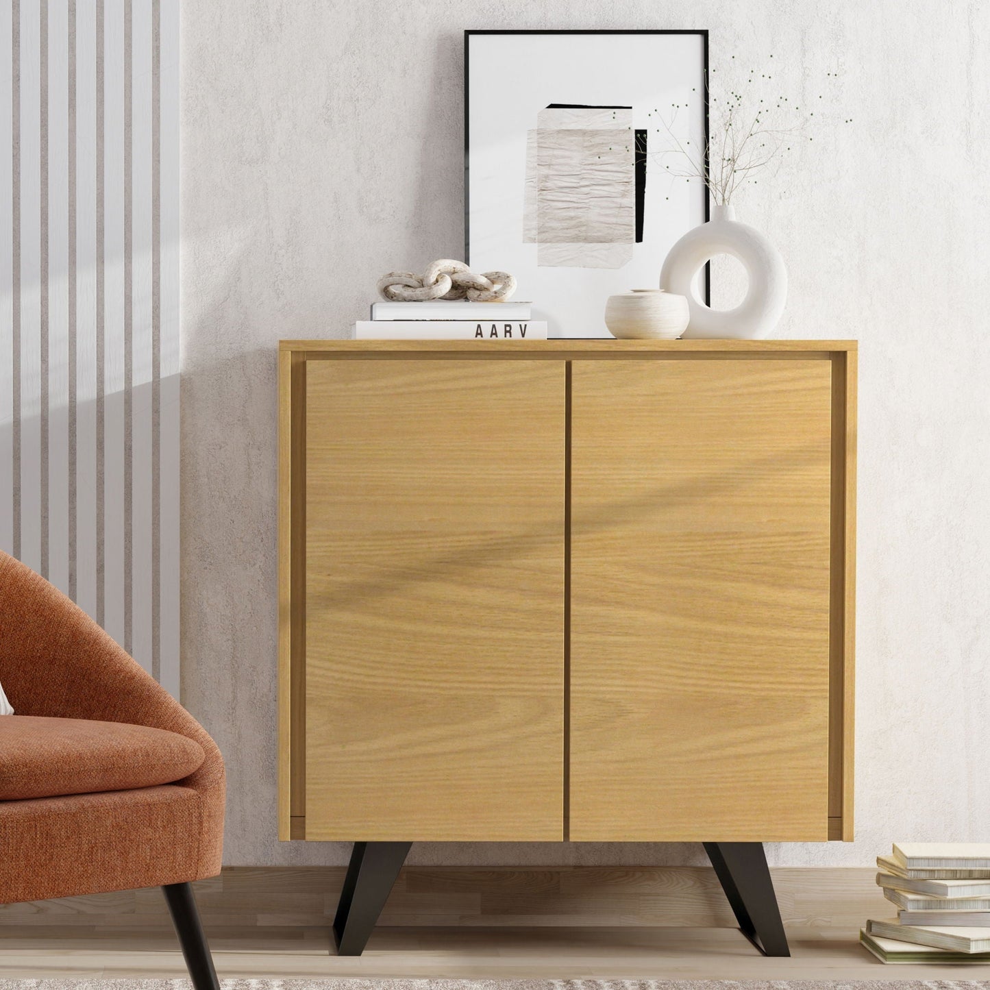 Lowry Medium Handcrafted Storage Cabinet oak finish with black metal legs HouseOfZazla on Tampa Home & Garden Store