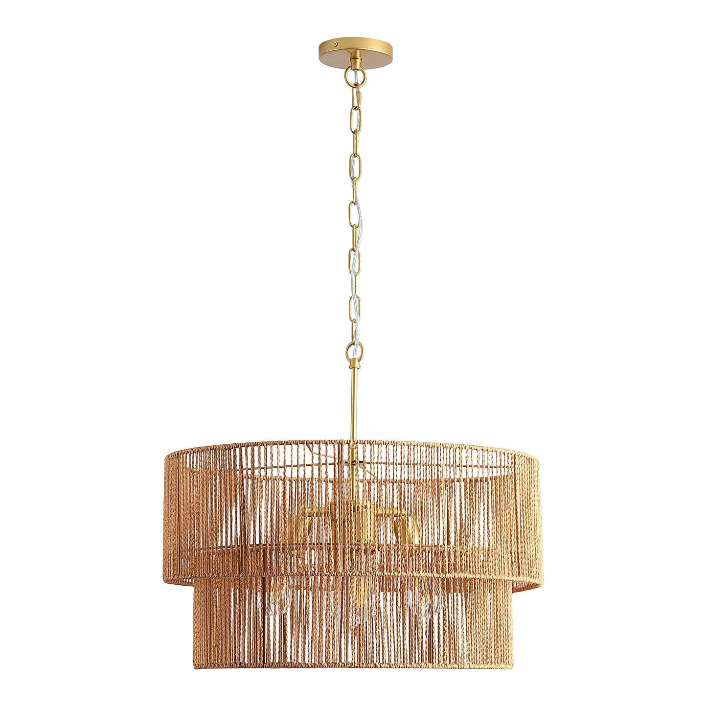 Chandelier, two-tier boho wabi-sabi pendant light, gold, woven rattan shade by HouseOfZazla on Tampa Home & Garden Store