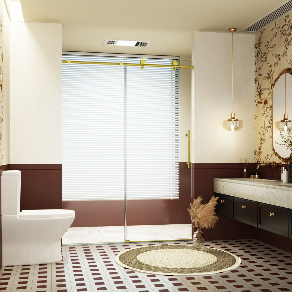Frameless single sliding shower doors by HouseOfZazla with gold hardware in bathroom on Tampa Home & Garden Store