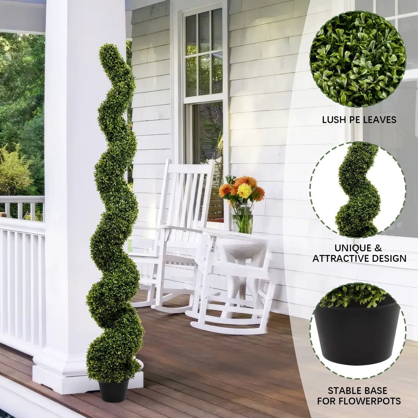 Artificial UV-resistant plastic boxwood topiary spiral tree in black pot on white porch on Tampa Home & Garden Store
