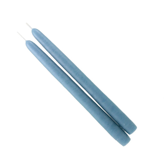 Mole Hollow Taper Candles pair in dusty blue with exposed wicks on Tampa Home & Garden Store