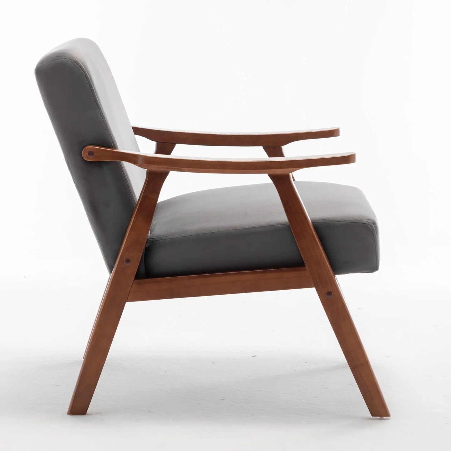 Accent chair gray leather upholstery with teak wood arms and base on Tampa Home & Garden Store