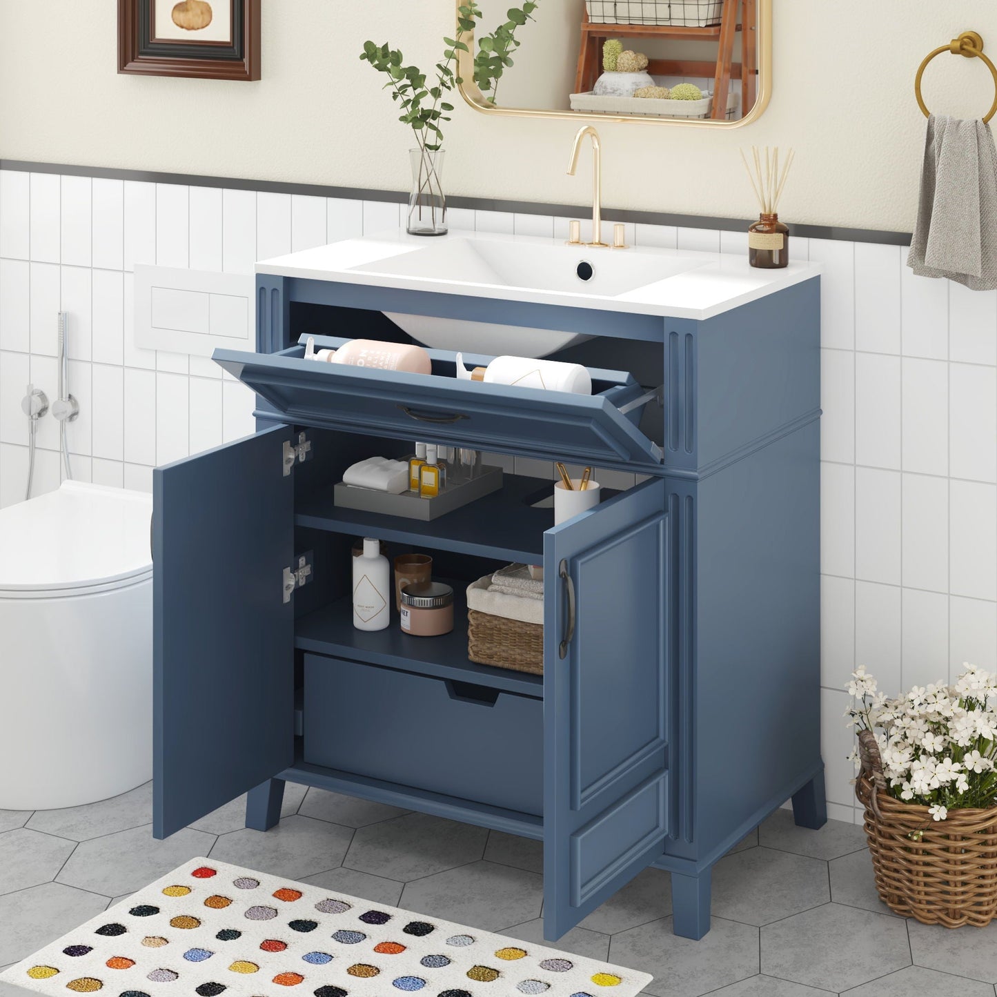 Blue Bathroom Vanity with Sink and Wooden Cabinet