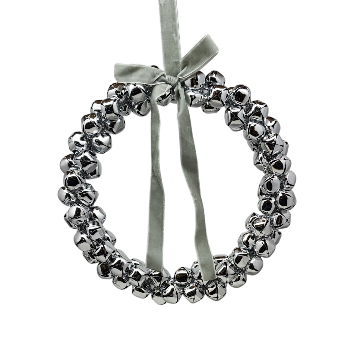Silver Bell Wreath Ornament, 10in diameter, chrome-finish metal with pale silver ribbon on Tampa Home & Garden Store