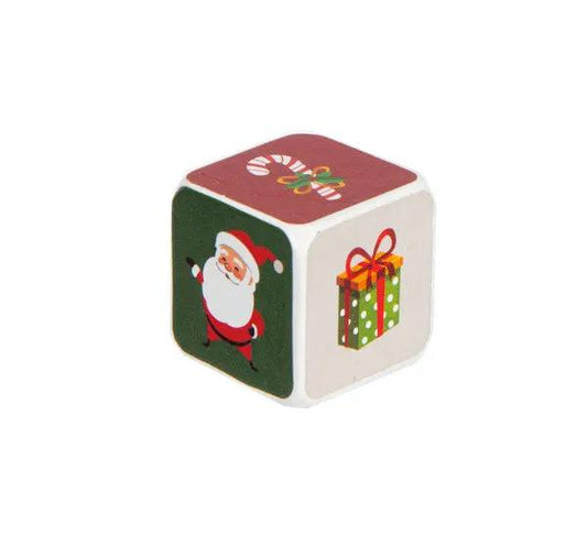 Gift Exchange Dice Charm cube with Santa on green side and gift on white side, red top on Tampa Home & Garden Store