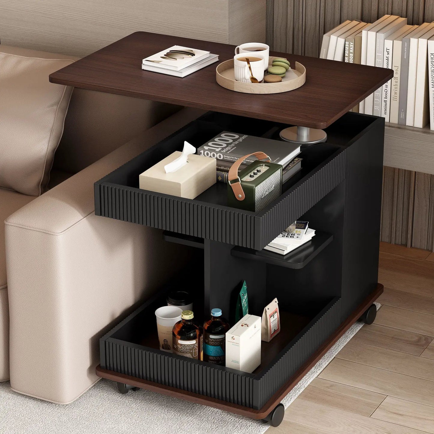 Adjustable end table with wheels, dark wood finish, rotating top and open storage shelf on Tampa Home & Garden Store