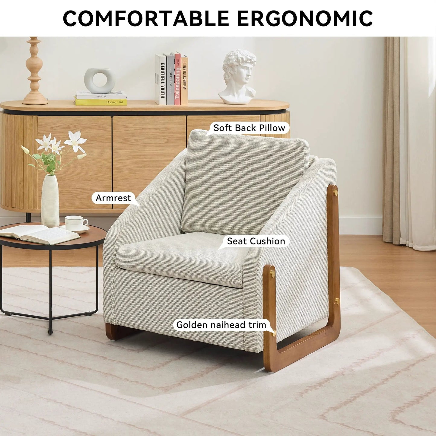 Arm chair with light beige textured upholstery and a wooden side frame Unique Piece Furniture on Tampa Home & Garden Store