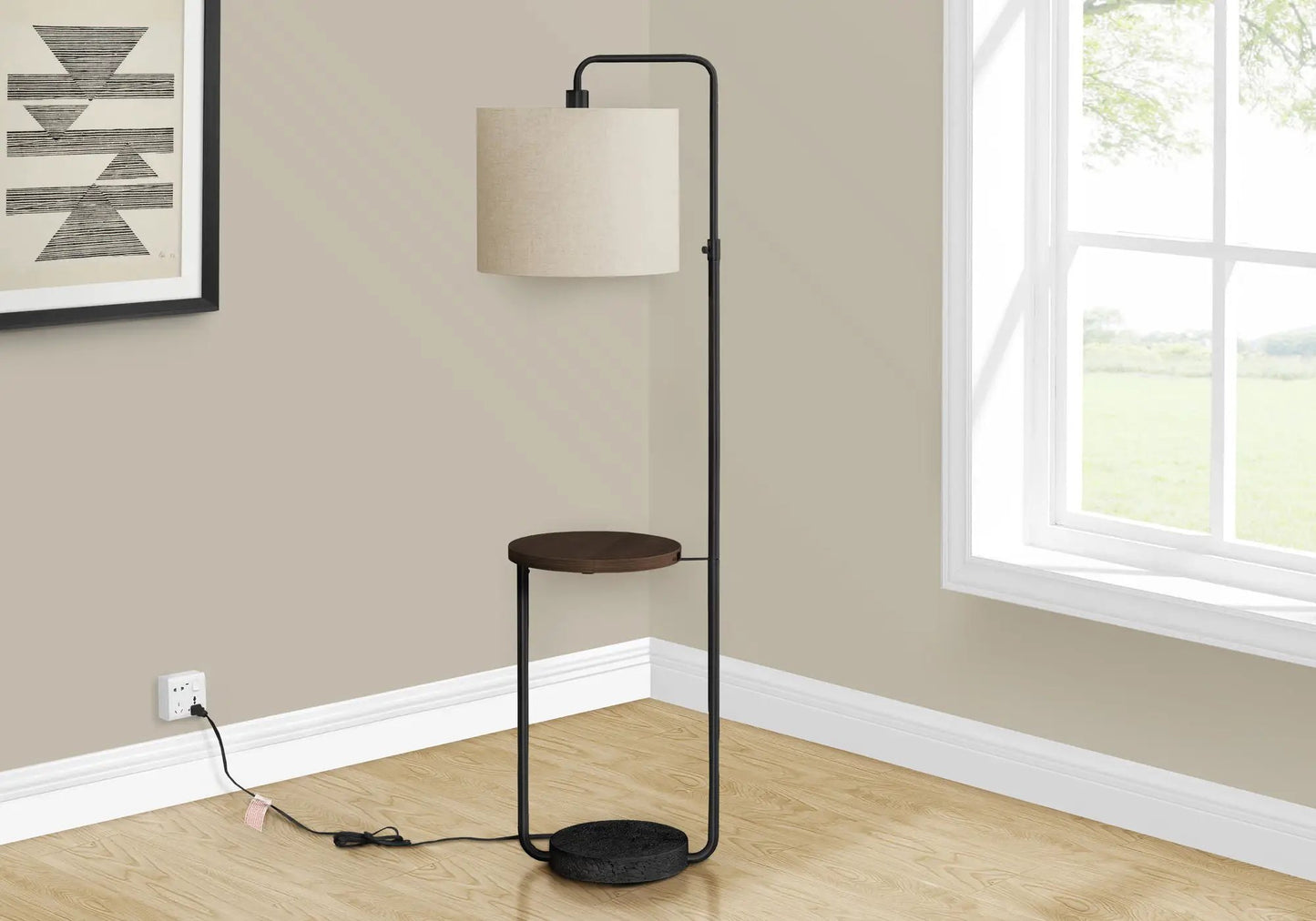 Floor lamp by Unique Piece Furniture with USB port included, black metal frame, beige shade on Tampa Home & Garden Store