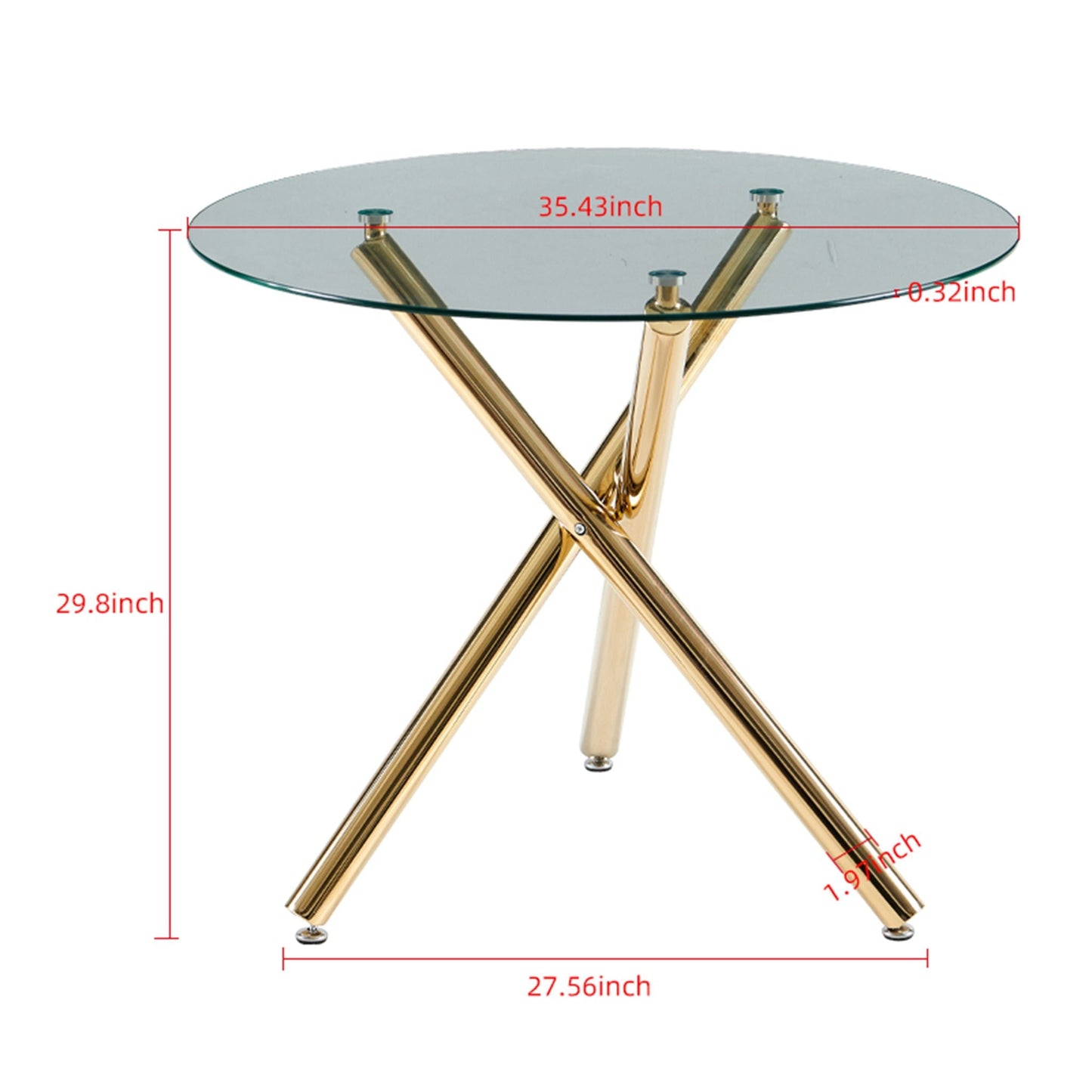 Dining table round clear glass top with gold X-frame legs, HouseOfZazla space-saving table on Tampa Home & Garden Store