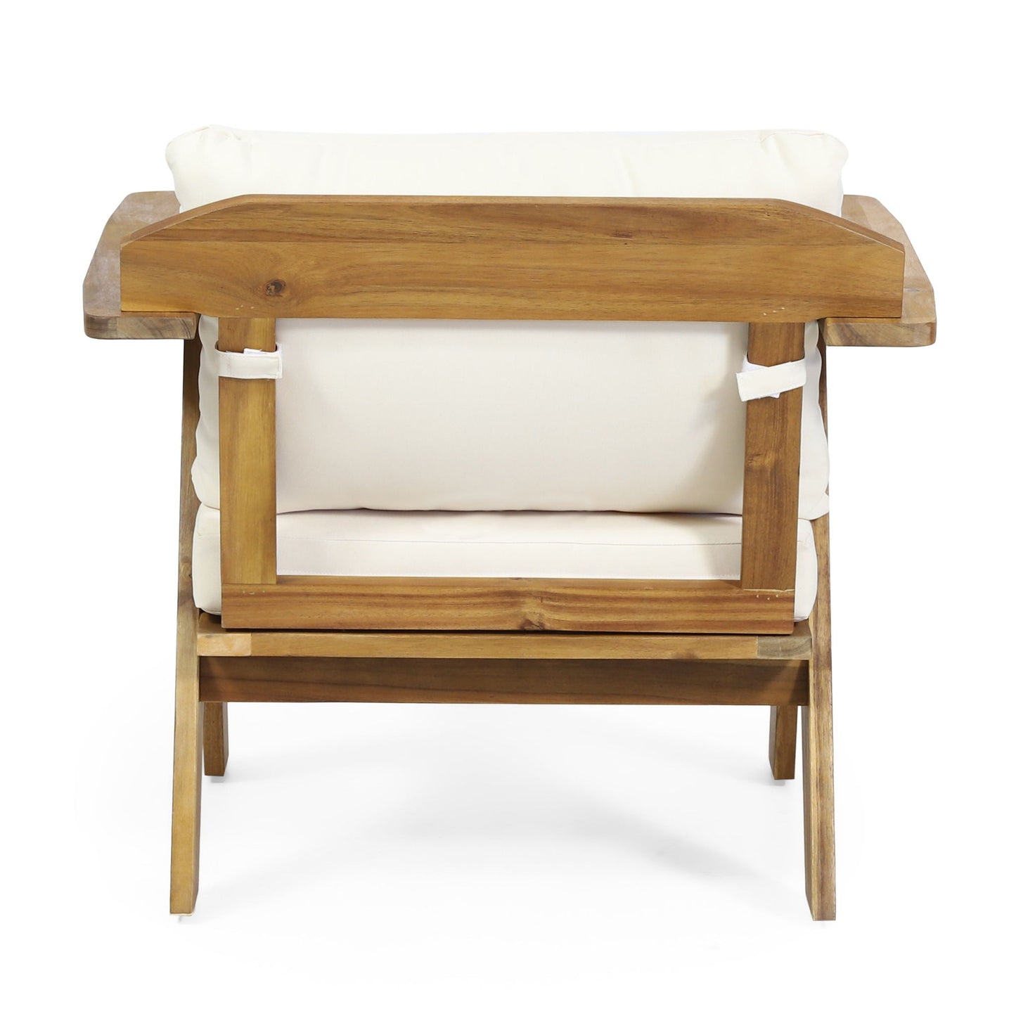 Outdoor acacia wood club chair with beige cushion teak finish on Tampa Home & Garden Store