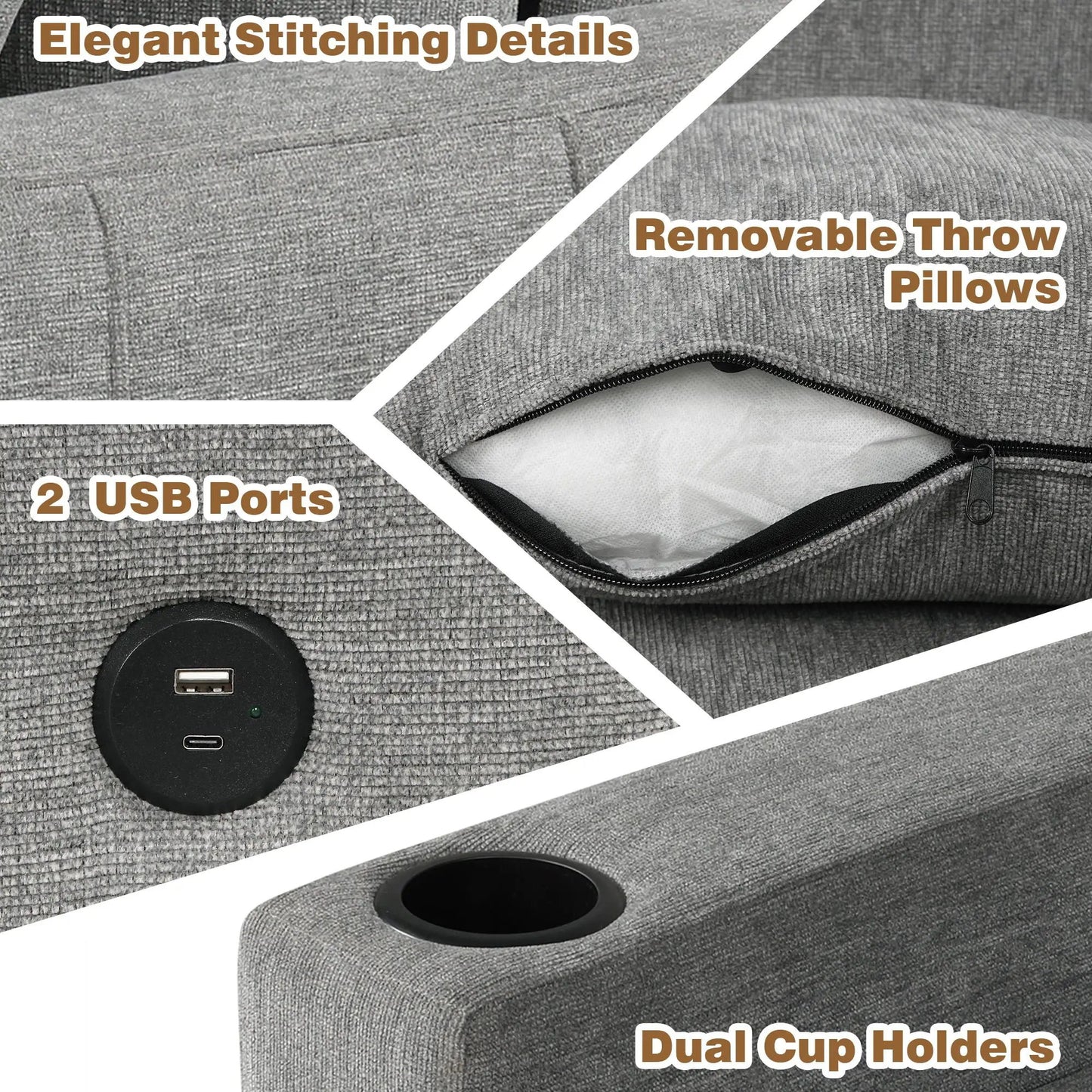 Grey fabric sectional sofa with pillows, movable ottoman, dual cup holders and 2 USB ports on Tampa Home & Garden Store